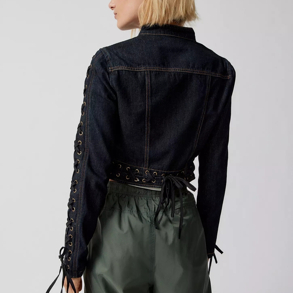 Lioness Dark Indigo Berlin Denim Crop Jacket with Lace-Up Accents Size L US 8 - Picture 7 of 14